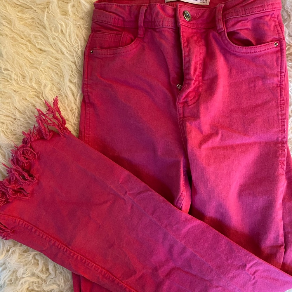 High waisted cut off pink stretch jeans - Picture 5 of 5